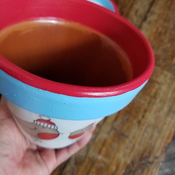 Hand Painted Decoupaged Red, White & Light Blue 6" Flower Pot, Matching Saucer - Picture 6 of 7